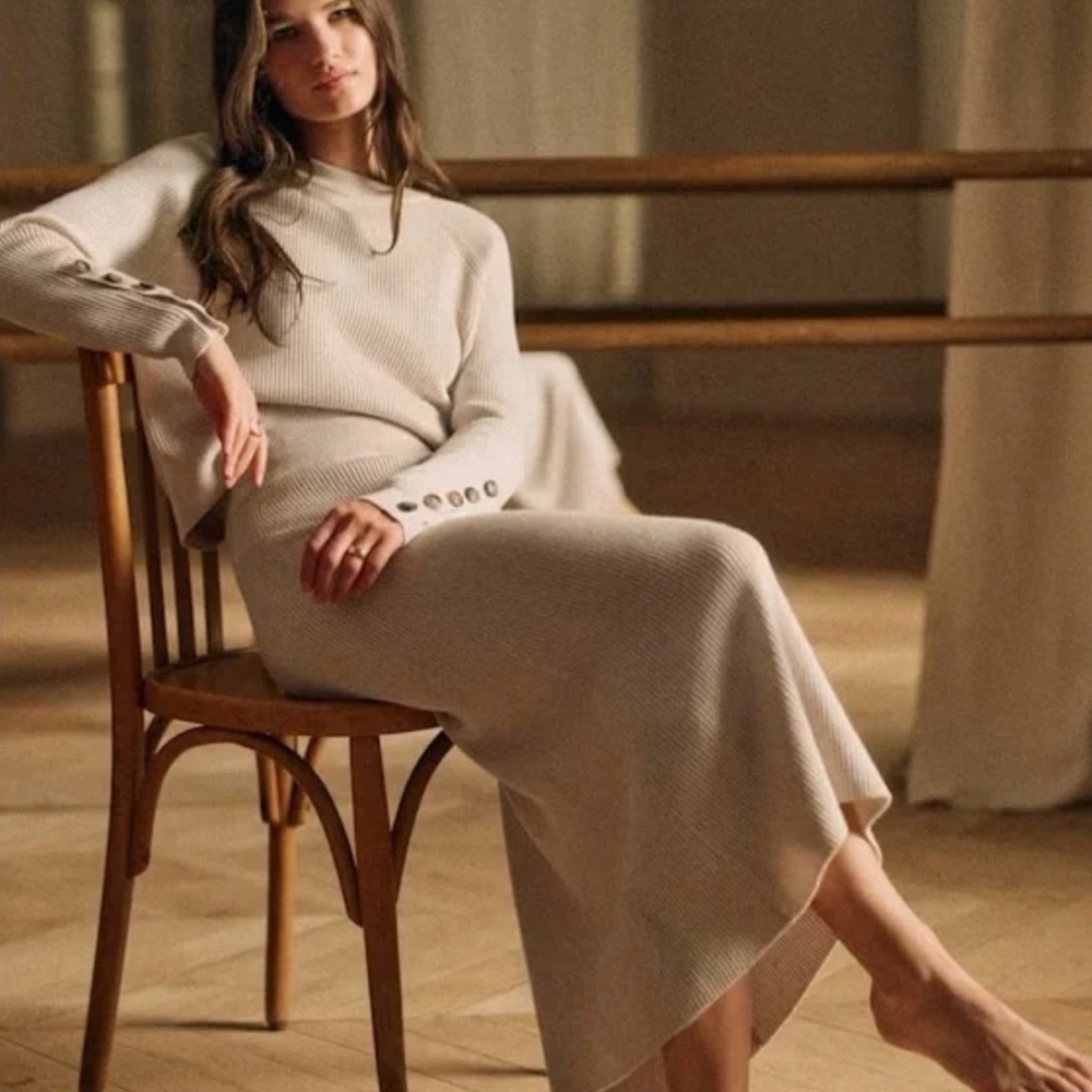 [TWO-PIECE] Sezane Naelle skirt + Sami sweater Jumper in Natural Beige Sz S